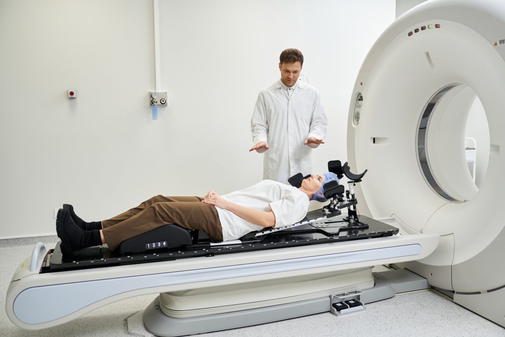 Expert care in a modern hospital as a doctor assists a patient during an MRI scan